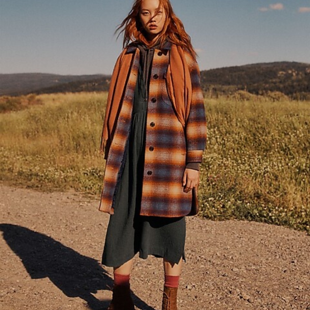 Delmont Long Shirt Flannel Plaid Jacket in Ombre Plaid.Color Jael Twill Plaid